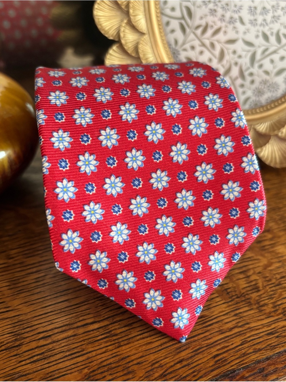 Kiton Red Silk Tie with Blue and White Floral Motif